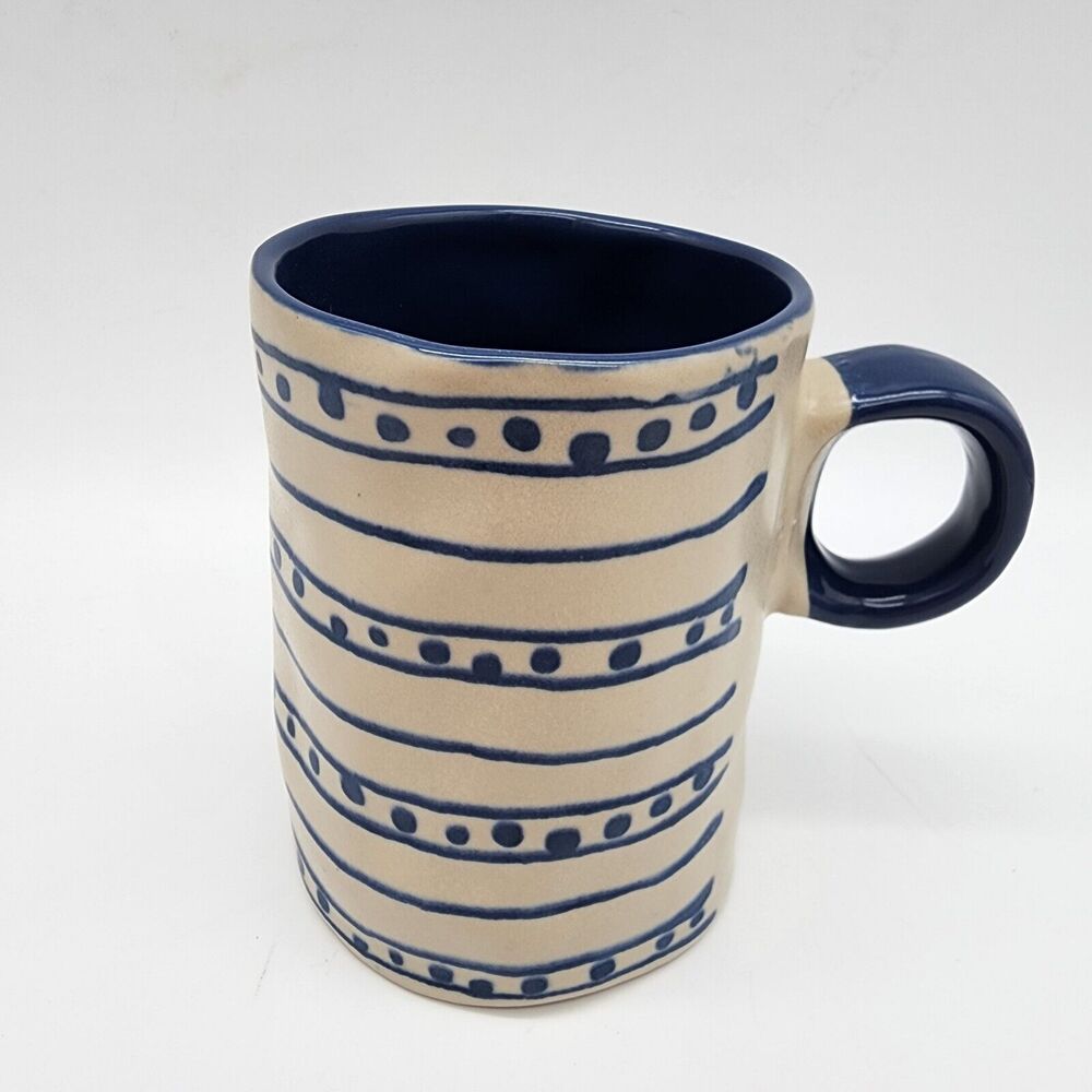 World Market Coffee Mug Cup Ceramic Blue Polka Dot Striped Rustic Primitive MCM